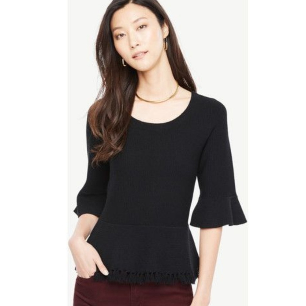 Ann taylor womens M fringe hem peplum sweater black.